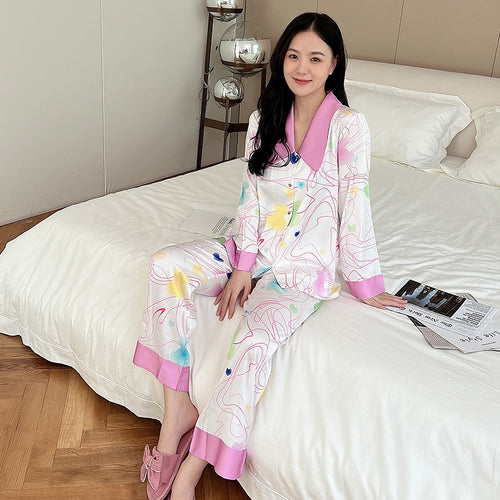 Load image into Gallery viewer, Women&#39;s Pajamas Set Butterfly Collar Colorful Stripes Print Leisure Sleepwear Silk Like Casual Homewear Nightwear Femme
