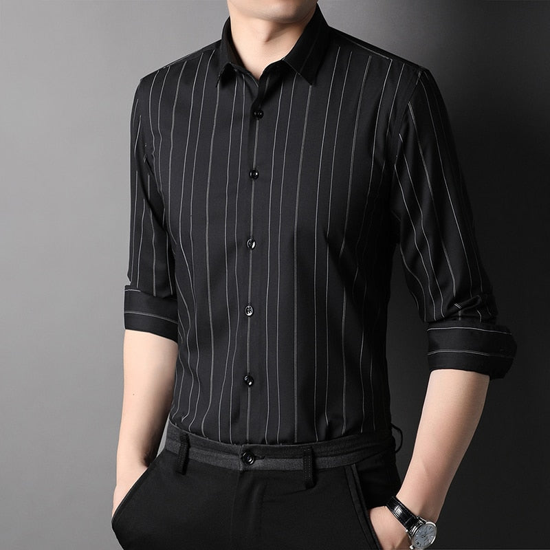 Top Grade Fashion Brand Luxury Designer Shirts Men Vertical Stripes Slim Fit Shirt Long Sleeve Casual Mens Clothing