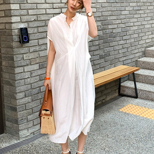 Load image into Gallery viewer, Fold Pleated Oversized Dress For Women Stand Collar Short Sleeve Loose Solid Midi Dresses Female Fashion Clothing
