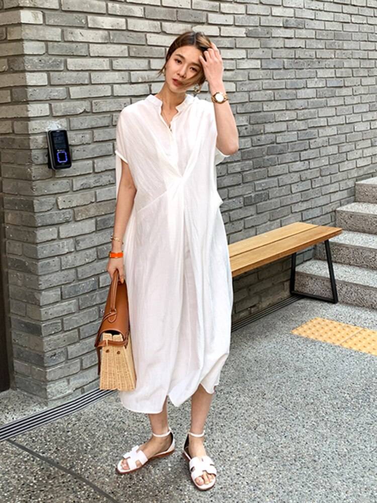 Fold Pleated Oversized Dress For Women Stand Collar Short Sleeve Loose Solid Midi Dresses Female Fashion Clothing