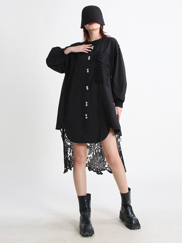 Loose Dresses For Women Round Neck Long Sleeve Patchwork Lace Up Elegant Dress Female Summer Fashion Clothing