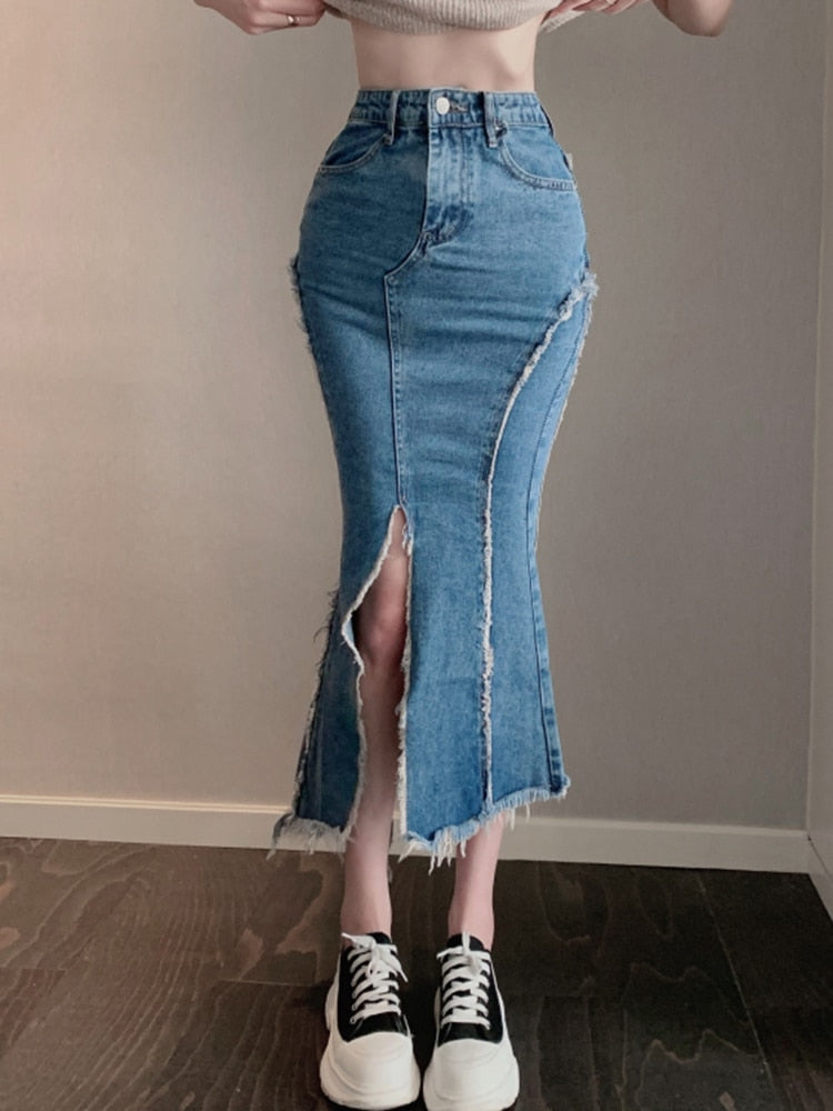 Irregular Women Mermaid Denim Skirt High Waist Blue Fashion Tassel Split Slim Female Korean Jeans Long Skirt