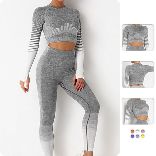 Load image into Gallery viewer, Striped Women&#39;s Yoga Sets Anti-Shrink Long-sleeved Sports Top Sexy Hip Lift Buttocks Tight Leggings Gradient Color Suits
