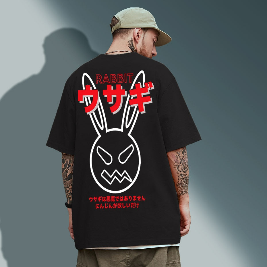 INS Style Funny Rabbit T Shirt Men High Street Rock Punk Cartoon Bad Rabbit Print Hip Hop T Shirts Men Cotton Lovers Short Tee