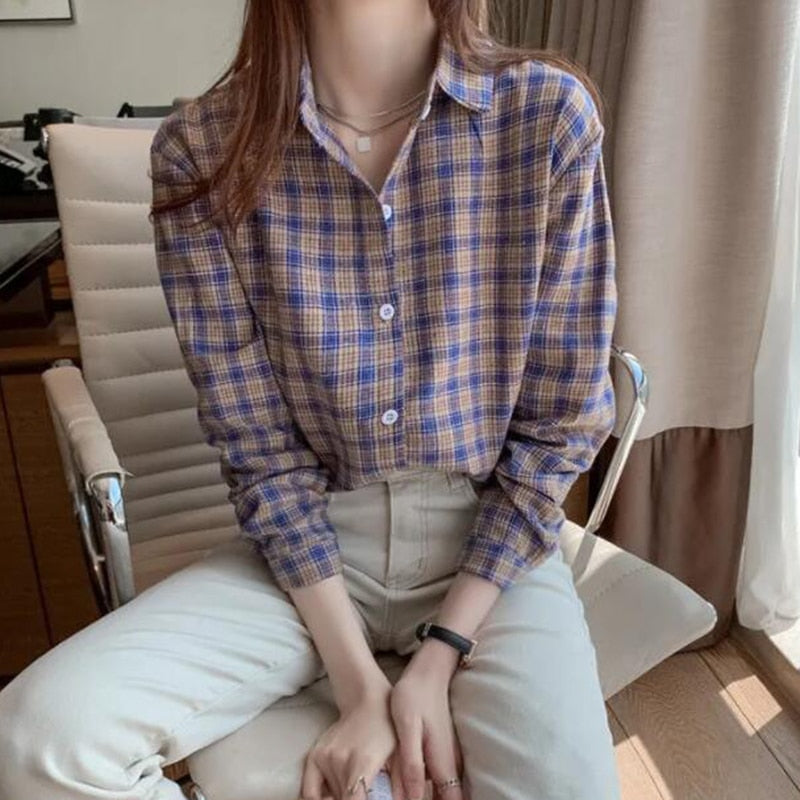 Pure Cotton Women Shirt Loose Fashion Button Up BF Ladies Plaid Shirt Casual Korean Long Sleeve Fall All Match Female Shirt