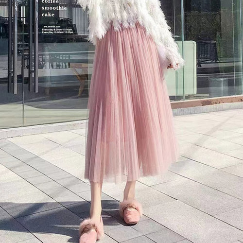 Load image into Gallery viewer, Elegant Women Tulle Skirt  Korean Fashion Mesh White A Line Ladies Pleated Skirt Summer Chic High Waist Black Party Faldas
