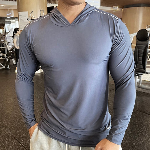 Load image into Gallery viewer, Gym Men T Shirt Casual Long Sleeve Slim Tops Tees Elastic T-shirt Sports Fitness Thin Comfort Breathable Quick Dry Hooded
