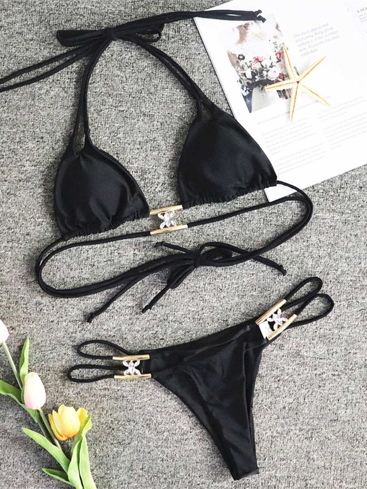 Sexy Strappy Bling Diamond Bikini Female Swimsuit Women Swimwear Two-pieces Bikini set Halter Bather Bathing Suit Swim V2387