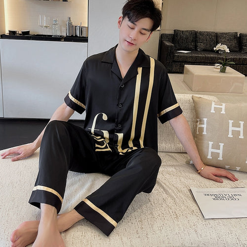 Load image into Gallery viewer, Men&#39;s Pajamas Spring Summer Youth Short Sleeve Pants Two Piece Home Suit Large Fashion Simulation Silk Cardigan Homewear
