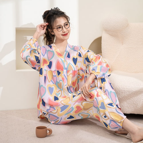 Load image into Gallery viewer, Women&#39;s Spring Summer Thin Cotton Silk Pajamas Ong Sleeved Pants Set Large Size Cardigan Air-conditioned Home Clothing
