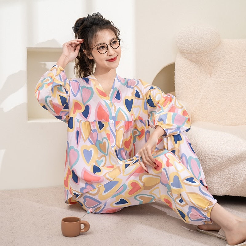 Women's Spring Summer Thin Cotton Silk Pajamas Ong Sleeved Pants Set Large Size Cardigan Air-conditioned Home Clothing