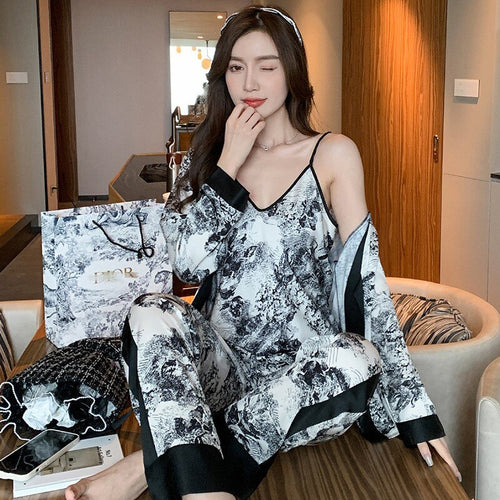 Load image into Gallery viewer, Women&#39;s Pajamas 3-Piece Set Ink Jungle Print Kimono Robe Sleepwear Faux Silk Homewear V Neck Nightwear Casual Loungewear
