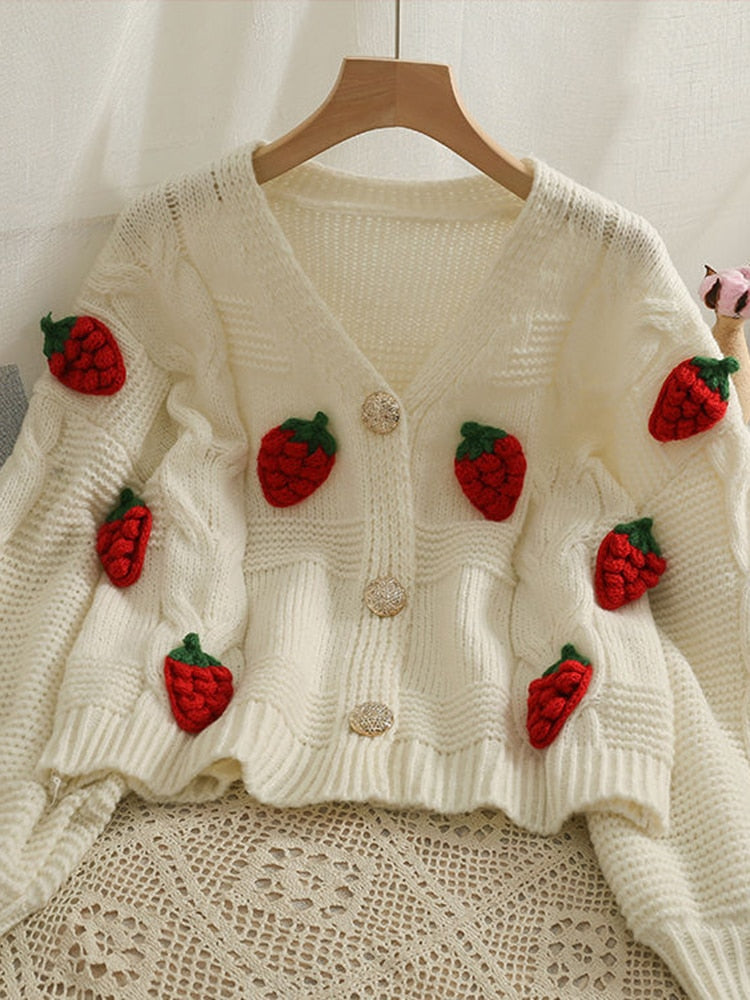 Twisted Women Knitted Cardigan Fashion 3D Strawberry Loose Sweet Sweater Fall Cute V Neck Thick Ladies Sweater Coats