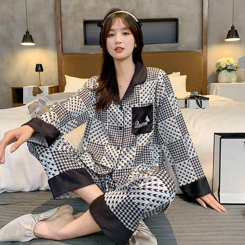 Load image into Gallery viewer, Women&#39;s Spring Summer Pajamas Satin Cardigan Thousand-bird Lattice Long Sleeve Pants Home Suit Loose Casual Homewear
