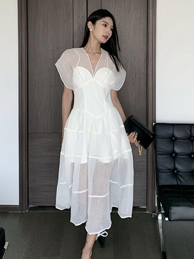 Casual Midi Dresses Female V Neck Raglan Sleeve High Wast Spliced Ruched Spring Slim Dress Women Clothing