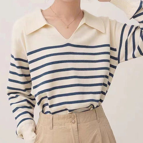 Load image into Gallery viewer, Designed Striped Women Sweater Pullover Korean V Neck Loose Jumper Long Sleeve Fall Office Ladies Blue Sweater
