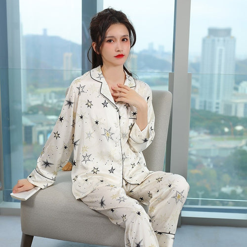 Load image into Gallery viewer, Fashion Women&#39;s Imitation Silk Pajamas Spring Autumn Thin Cardigan Long Sleeve Pants Set Star Print Loose Home Clothing
