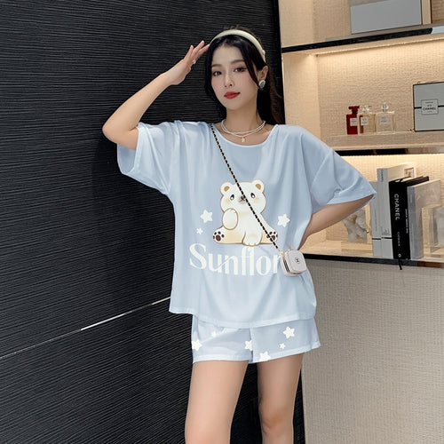 Load image into Gallery viewer, Women&#39;s Silk like Pajamas Cute Short Sleeve Shorts Two Piece Set Round Neck Summer Outwear Casual Home Clothing
