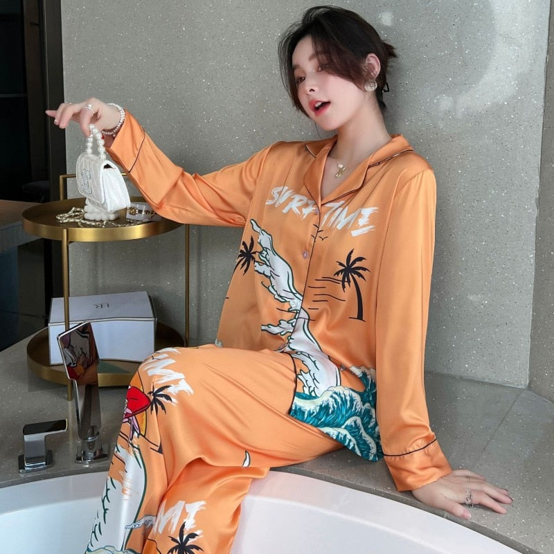 Women's Imitation Silk Pajamas Spring Autumn Thin Print Long Sleeve Pants Cardigan Set Comfortable Casual Home Suit