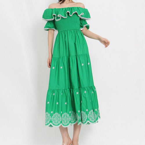 Load image into Gallery viewer, Patchwork Embroidery Dress For Women Slash Neck Short Sleeve High Waist Colorblock Midi Dresses Female Summer Style
