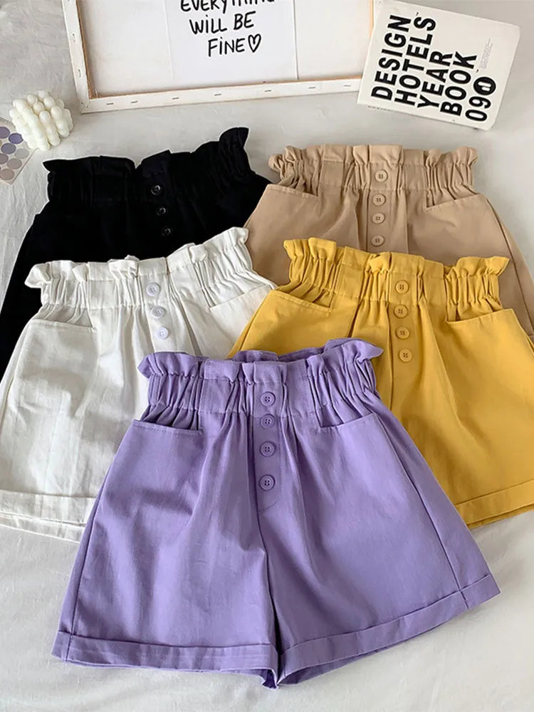 Summer Elegant High Waist Shorts Women Casual Solid Wide Leg Loose Cotton Short Pants With Belt Korean Sweet Girls