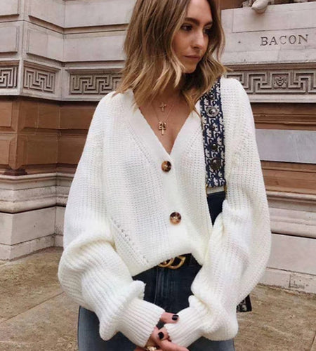 Women Knitted Cardigans Sweater Fashion Autumn Long Sleeve Loose Coat Casual Button Thick V Neck Solid Female Tops