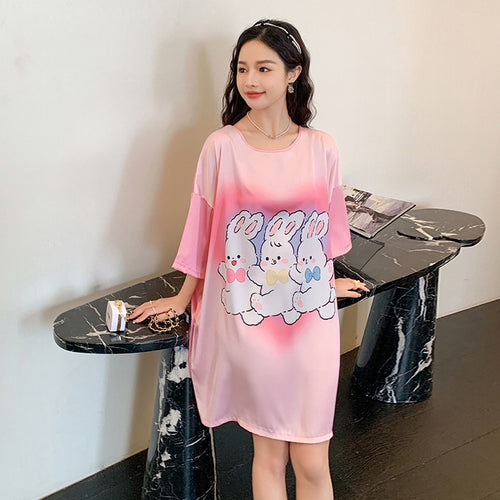 Load image into Gallery viewer, Satin Nightwear Women Short Sleeve Silk Sleeping Dress Casual Sweet Girl Loose Nightdress Summer Mid Length Pajama Skirt
