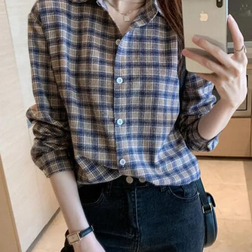 Load image into Gallery viewer, Pure Cotton Women Shirt Loose Fashion Button Up BF Ladies Plaid Shirt Casual Korean Long Sleeve Fall All Match Female Shirt
