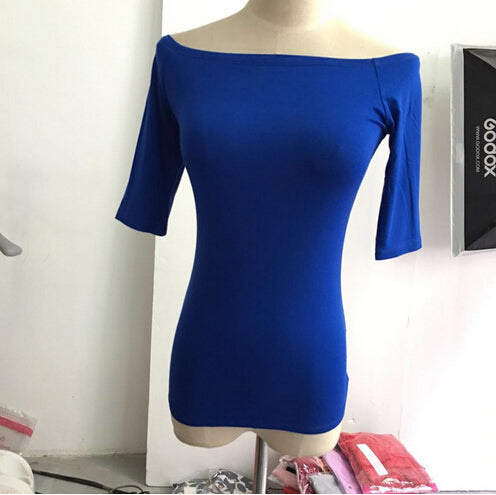 Load image into Gallery viewer, Sexy Off Shoulder Solid Color Long Sleeve Shirt-women-wanahavit-blue half sleeve-S-wanahavit
