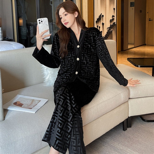 Load image into Gallery viewer, Women&#39;s Pajamas Set Velvet Luxury Pressed Stripes Pattern Sleepwear Casual Homewear V Neck Nightwear Pyjama Femme Petite
