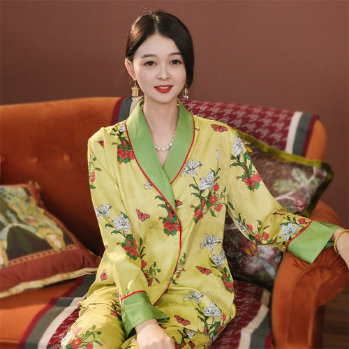 Load image into Gallery viewer, Luxury Homewear Women Imitation Silk Pajamas Satin Nightwear Fashion Flower Printed Long Sleeve Pants Home Clothing Set
