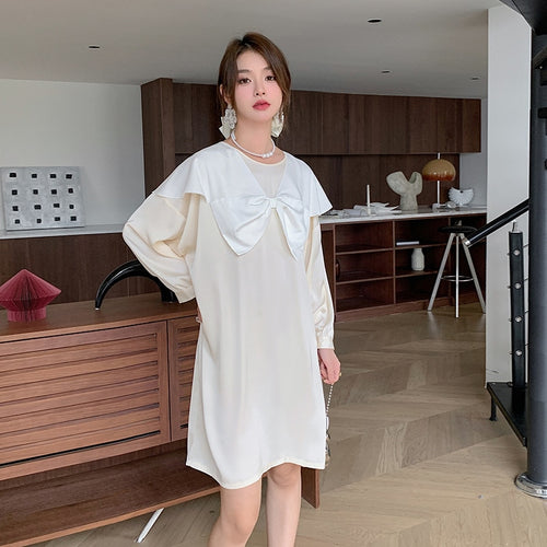 Load image into Gallery viewer, Women&#39;s Pajamas Dress Silk Like Leisure Homewear Skirt Turn-down Bow Collar Dress Sleepdress Wear Outside Holiday
