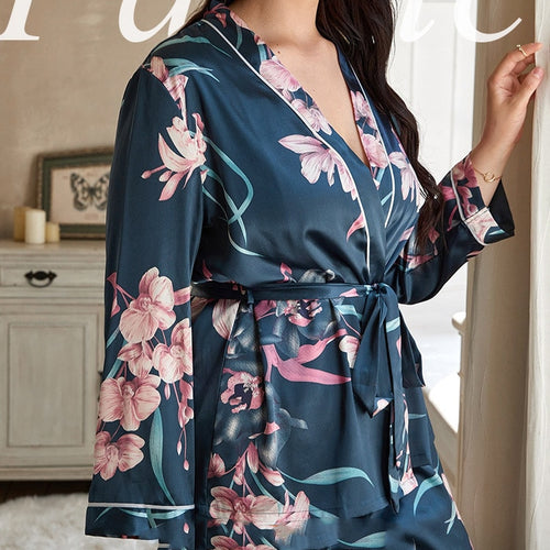 Load image into Gallery viewer, Plus Size Women&#39;s Pajamas Set Floral Print Free Sleepwear Silk Like Homewear Elegant V Neck Nightwear with 4XL 5XL
