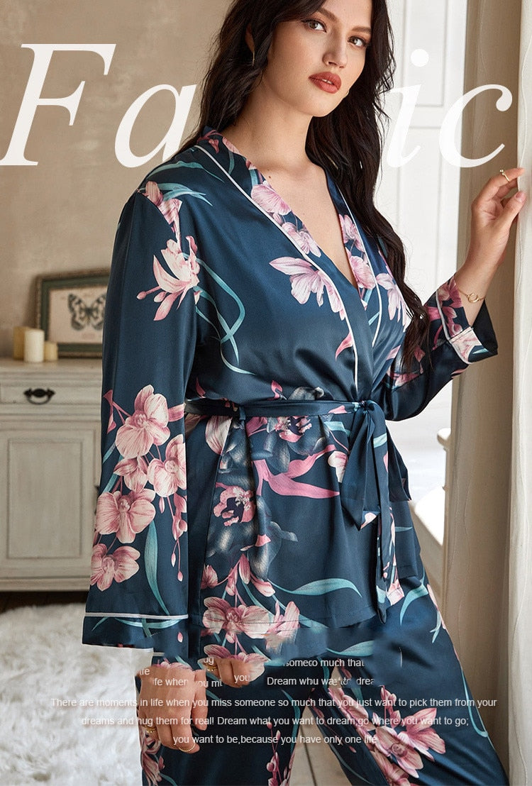 Plus Size Women's Pajamas Set Floral Print Free Sleepwear Silk Like Homewear Elegant V Neck Nightwear with 4XL 5XL