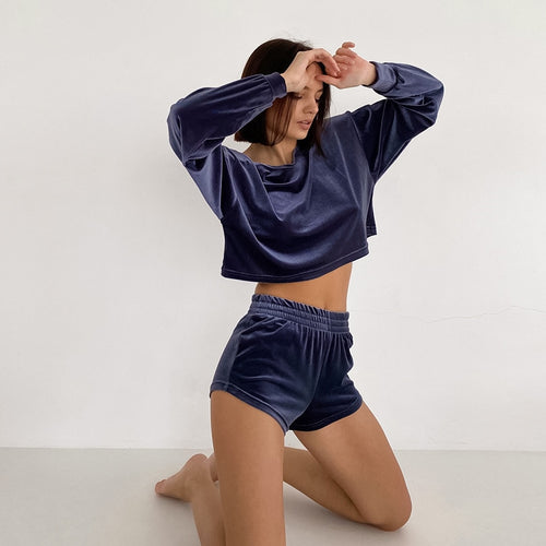 Load image into Gallery viewer, Casual Velvet Sleepwear Women Pajama Long Sleeve Crop Tops Sexy Women&#39;s Nightwear High Waist Shorts Sets Homewear Autumn
