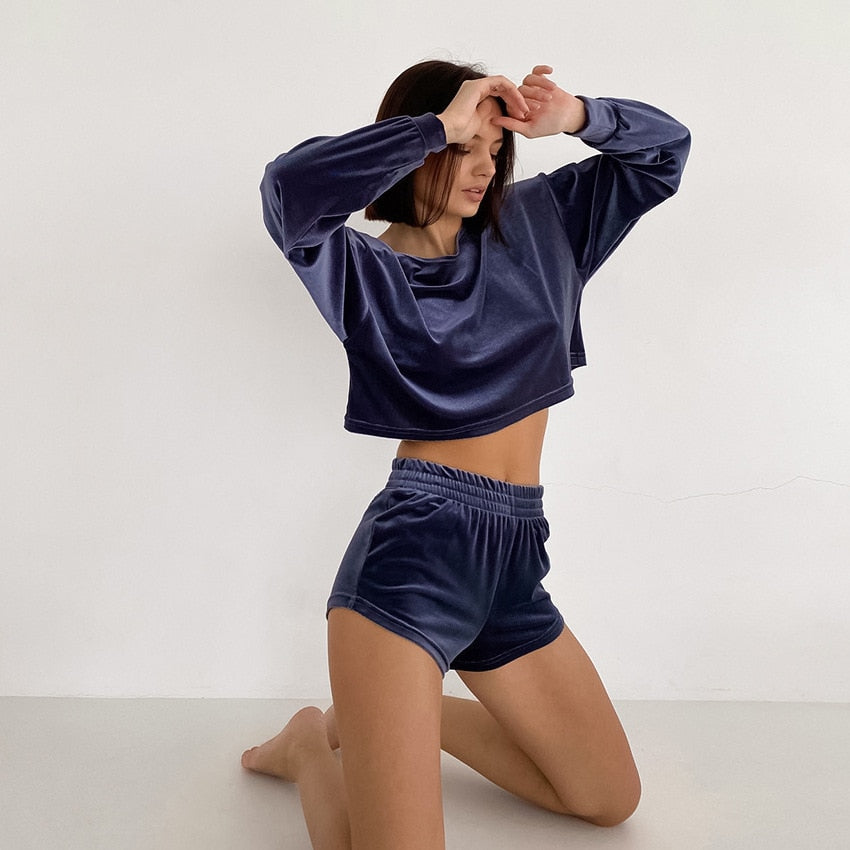 Casual Velvet Sleepwear Women Pajama Long Sleeve Crop Tops Sexy Women's Nightwear High Waist Shorts Sets Homewear Autumn