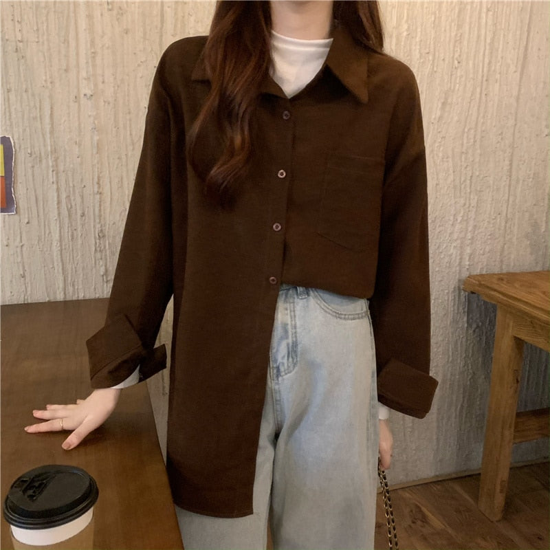 Loose Corduroy Shirts Fashion Women Long Sleeve Spring Button Up Tops Casual Solid Color All Match Female Shirt