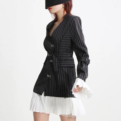 Load image into Gallery viewer, Tunic Patchwork Belt Blazers For Women Notched Collar Long Sleeve Striped Slim Temperament Blazer Female Autumn
