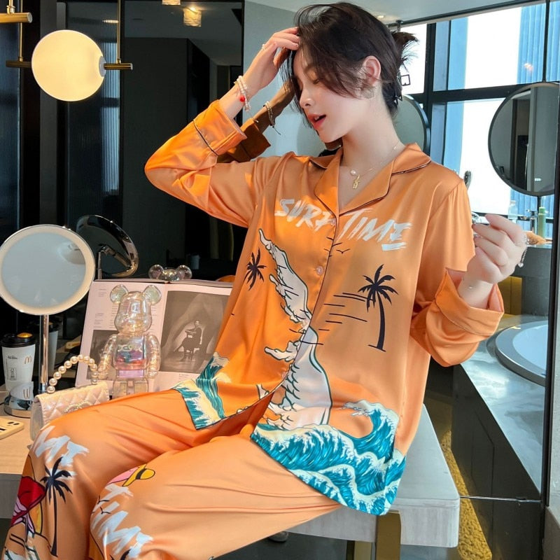 Women's Imitation Silk Pajamas Spring Autumn Thin Print Long Sleeve Pants Cardigan Set Comfortable Casual Home Suit