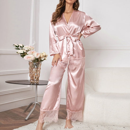 Load image into Gallery viewer, Women&#39;s Pajamas Set Pink Lace Sleepwear with Belt Silk Like Casual Homewear Deep V Sexy Nightwear Femme for Summer
