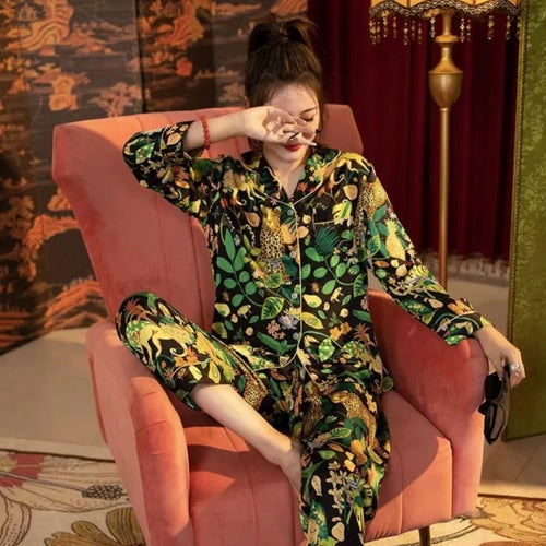 Load image into Gallery viewer, Luxury Spring Summer Women&#39;s Simulated Silk Pajamas Jungle Leopard Comfortable Sleepwear Long Sleeve Pants Home Suit
