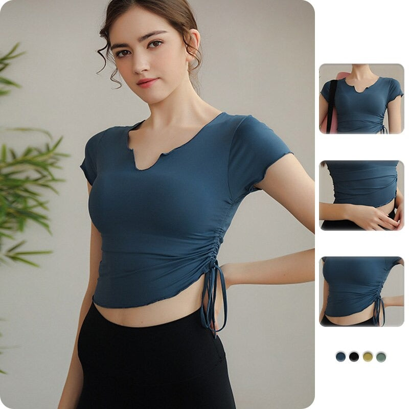 Seamless Women Yoga T-shirt Short Sleeve Drawtring V-neck Cropped Top Gym Running Jogging Active Workout Sportswear 5 Colors