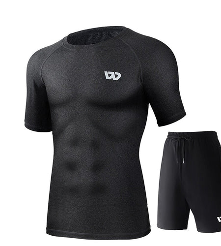Men's Workout Tracksuit Short Sleeve Bodybuilding Muscle T-Shirts and Shorts Set for Running Jogging Athletic Sports