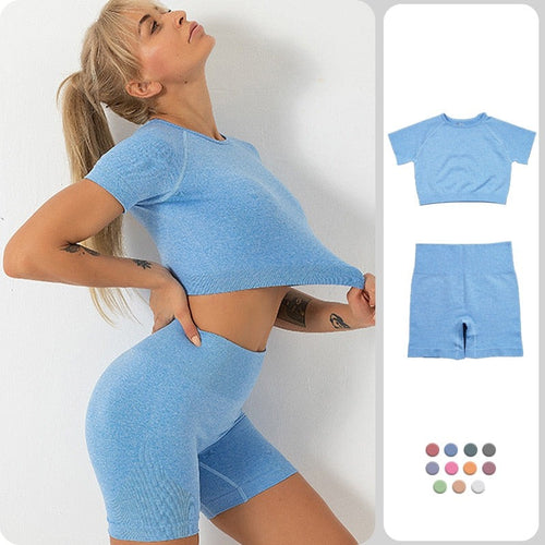 Load image into Gallery viewer, Seamless Yoga Set Crop Top Sexy Short sleeves T-shirt Fitness Breathable Shorts Running Workout Outfit Gym Suits 2 Pieces
