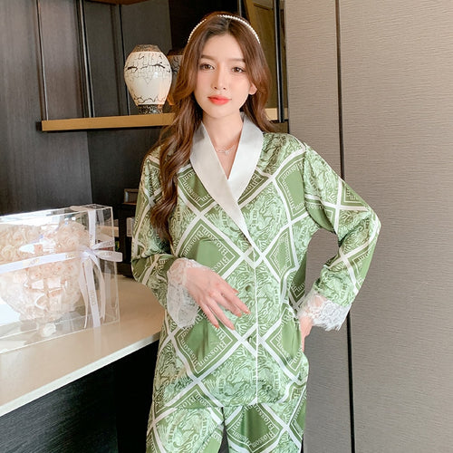 Load image into Gallery viewer, High Quality Women&#39;s Pajamas Set Luxury Rhombus Print Sleepwear Lace Cuffs Casual Homewear V Neck Nightwear Femme Petite
