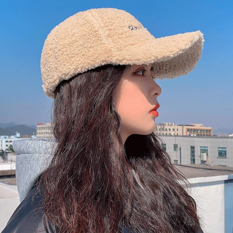 Lamb Wool Baseball Cap Letter Embroidery Women Sun Hat Lady Girls Outdoor Warm Winter Spring Plush Caps