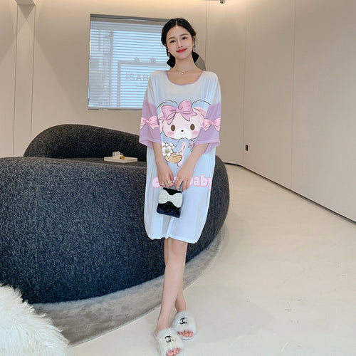 Load image into Gallery viewer, Women&#39;s Pajama Skirt Summer Thin Short Sleeve Medium Length Silk Like Nightwear Cartoon Nightdress Loose Home Clothing
