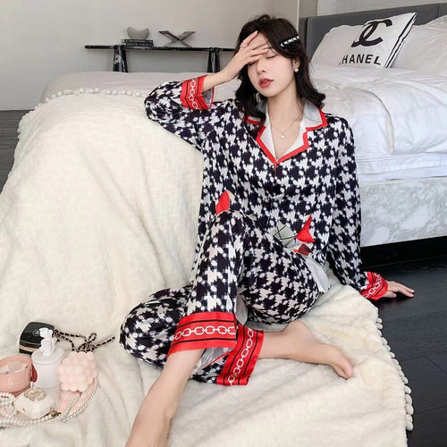 Load image into Gallery viewer, High Quality Women&#39;s Silk Like Pajamas Spring Summer Satin Long Sleeve Pants Set Plaid Print Cardigan Lapel Home Clothes
