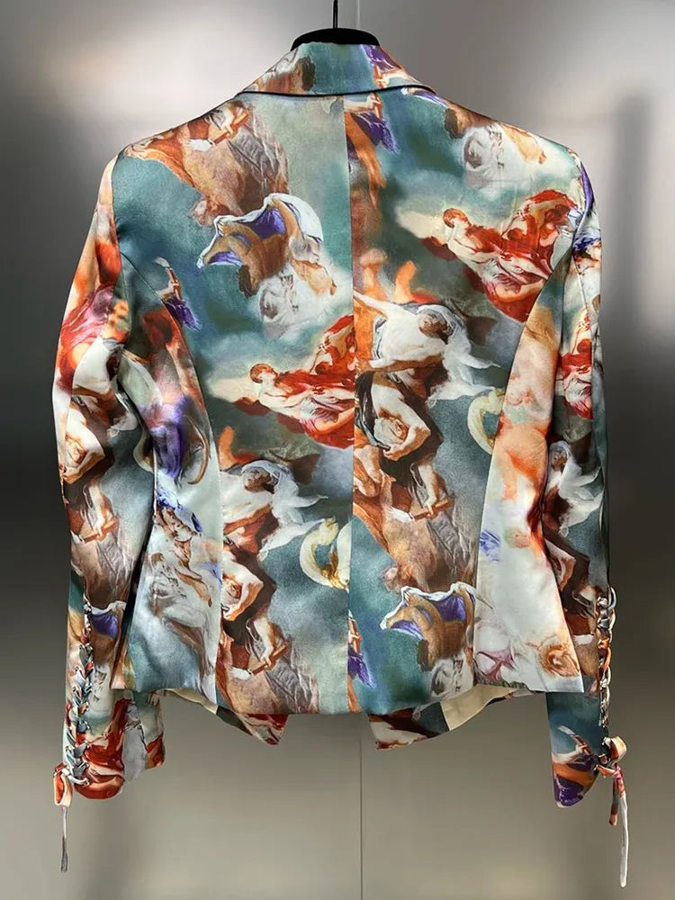 Slimming Casual Blazers For Women Notched Collar Long Sleeve Tunic Hit Color Printing Blazer Female Fashion