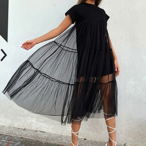 Load image into Gallery viewer, Patchwork Mesh Dresses For Women Round Neck Long Short Sleeve High Waist Folds Casual Dress Female Summer Fashion
